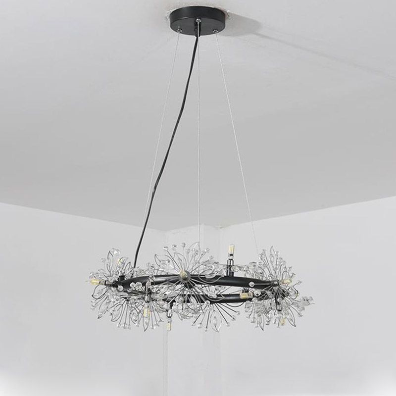 Circle Crystal Beaded Hanging Chandelier Minimalist Black 20.5"/26"/34" Wide LED Ceiling Lamp