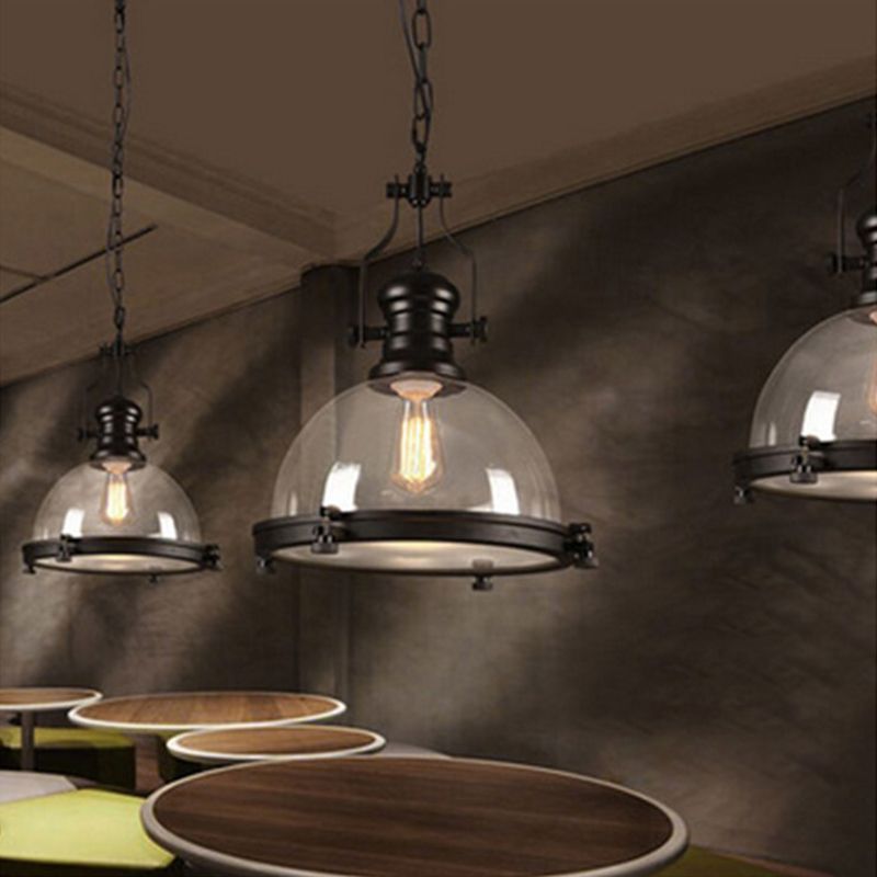 Black Bowl Pendant Light Industrial Vintage 1 Light Clear Glass Dining Room Ceiling Pendant Light