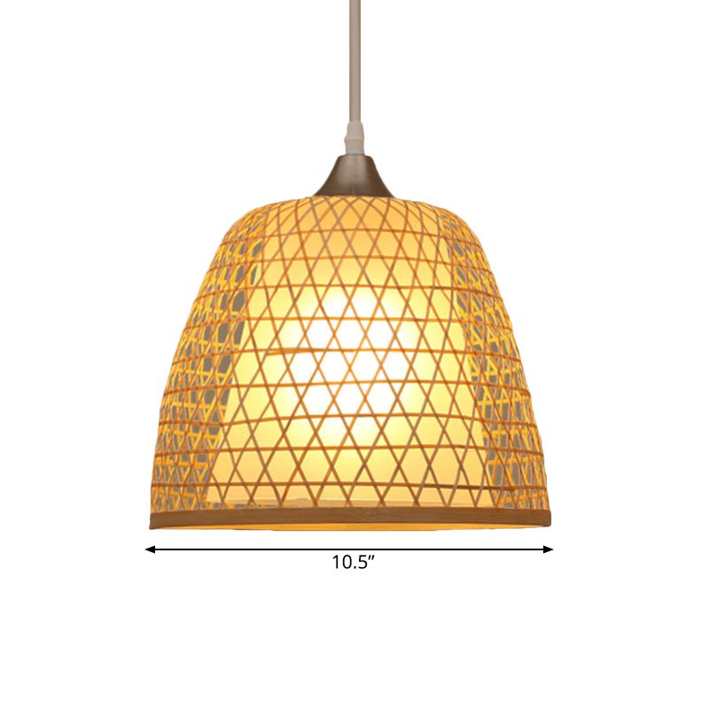 Asian Style Bucket Hanging Light Fixture with Cross Woven Design Bamboo 1 Bulb Bedroom Pendant Lamp