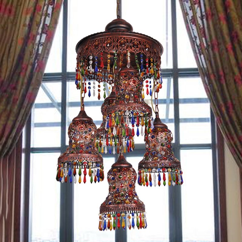 Metal Copper Ceiling Chandelier Curved 5 Bulbs Art Deco Down Lighting Pendant for Bedroom
