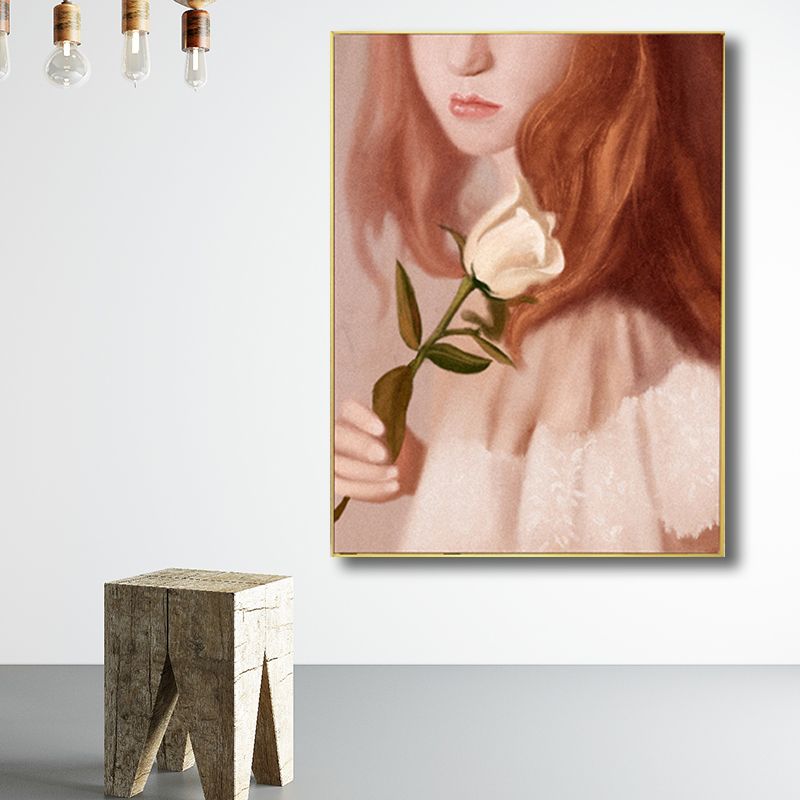 Girl with Rose Wall Art Countryside Canvas Painting in Brown for Living Room, Multiple Sizes