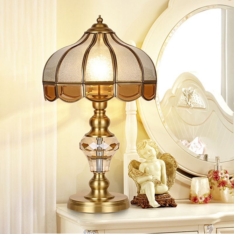 1 Bulb Night Lighting Colonial Scalloped Opal Glass Nightstand Lamp in Gold with Clear Crystal Drop