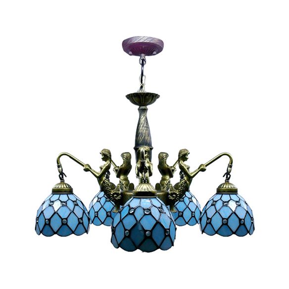 5 lumières Dome Chandelier suspendu Tiffany Blue Cut Glass Pendant Lightture avec sirène déco