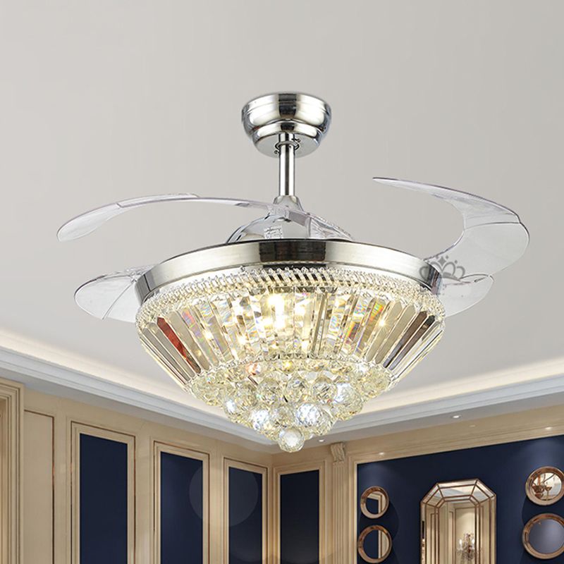 Silver Cone Shaped Ceiling Fan Light Kit Modern Crystal 3 Blades Bedroom LED Semi Flush, 42.5" Wide