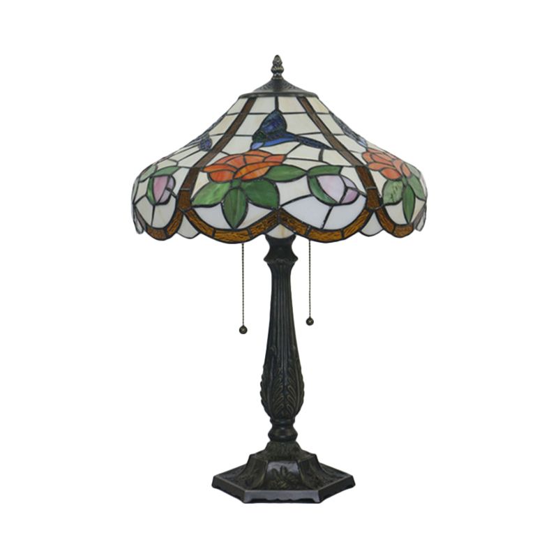 2 Bulbs Bedroom Pull Chain Table Lighting Mediterranean Bronze Petal Patterned Task Light with Bowl Stained Glass Shade