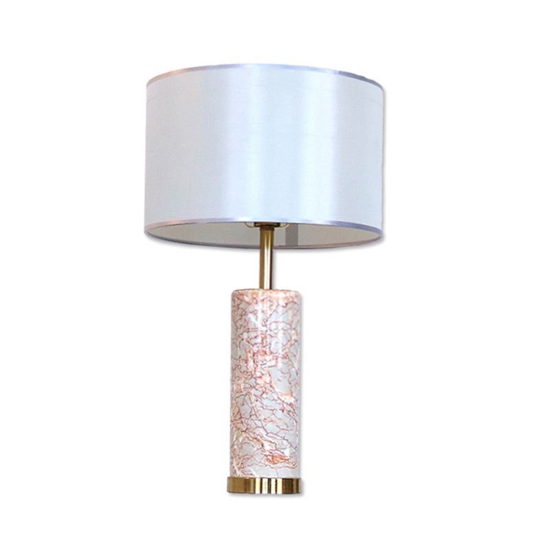 Fabric Drum Table Light Modern 1 Head White Night Lamp with Tube Agate Red Marble Base