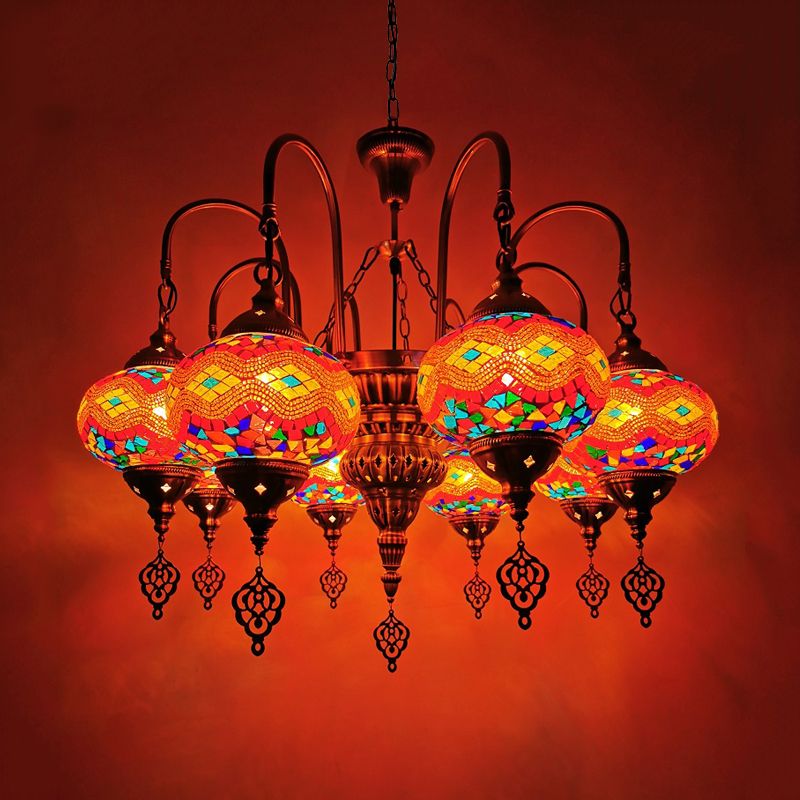 Oval Buntglas Kronleuchter Leuchte traditionelle 9 Köpfe Esszimmer Hanges Lampe Kit in Orange/Grün
