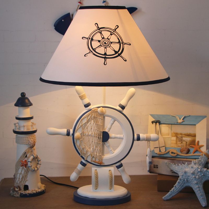 White Tapered Nightstand Lamp Kids 1 Light Fabric Table Lighting with Rudder/Lighthouse Base