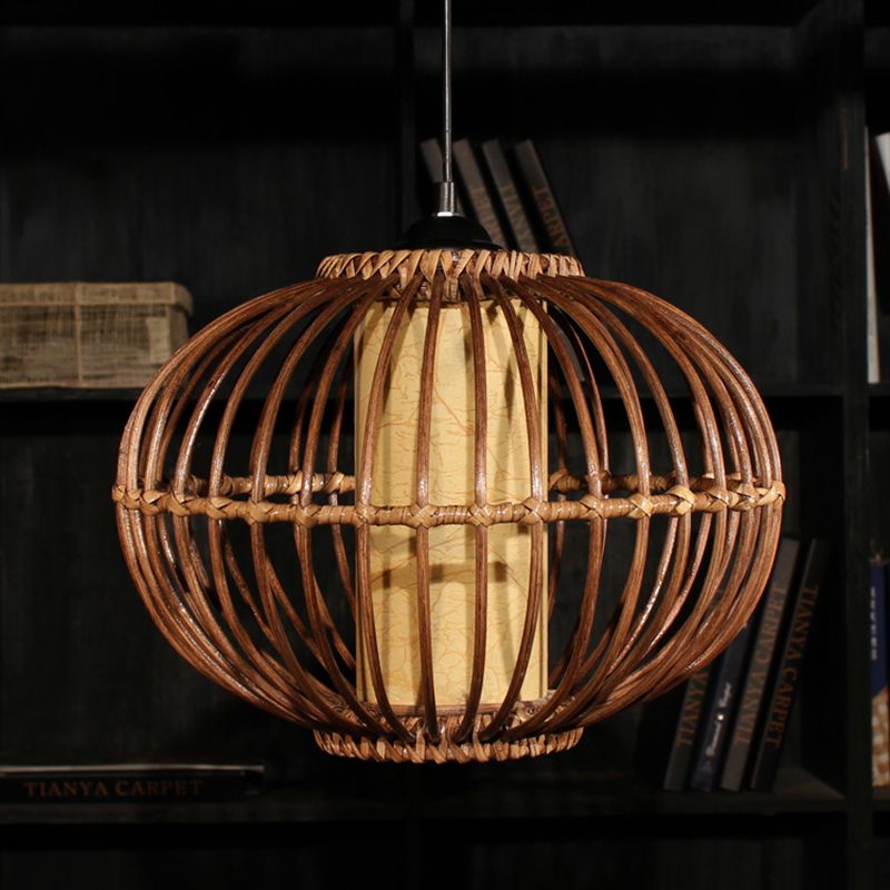 Bamboo Lantern Affermazione del soffitto Asian 1 Bulb Marrone Apparecchio di illuminazione a sospensione con tonalità di pergamena del cilindro interno