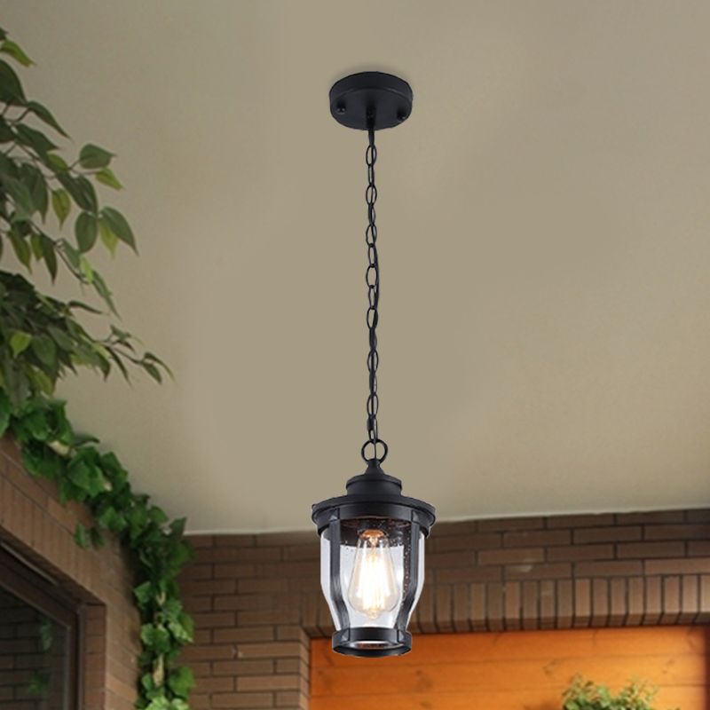 1 Glühbirnenlaternenform Pendellicht Leichtkit rustikalste strukturierte schwarze Finish Clear Glass Deckenlampe für Balkon