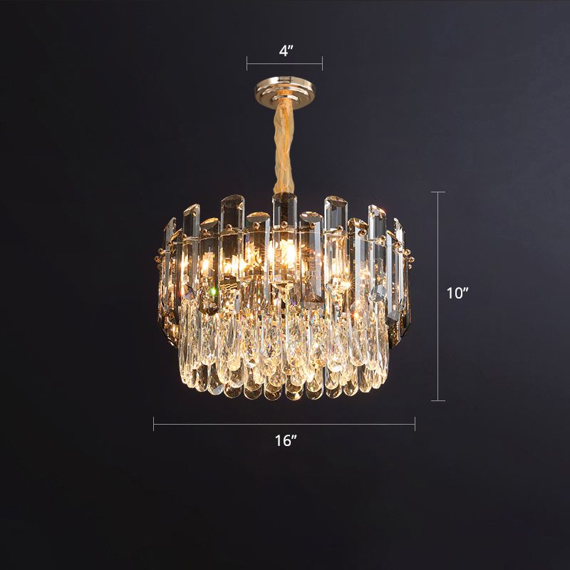 Drum Pendant Lighting Modern K9 Crystal Living Room Chandelier Light Fixture in Gold