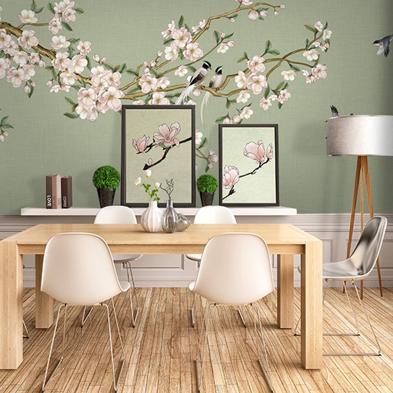 Extra Large Peach Flower Mural in Pink and Green Non-Woven Wall Art for Guest Room, Custom-Printed