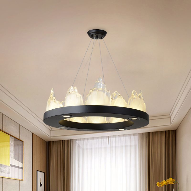 Modernism Ring Pendant Lighting Crystal Block LED Hanging Chandelier in Black for Living Room