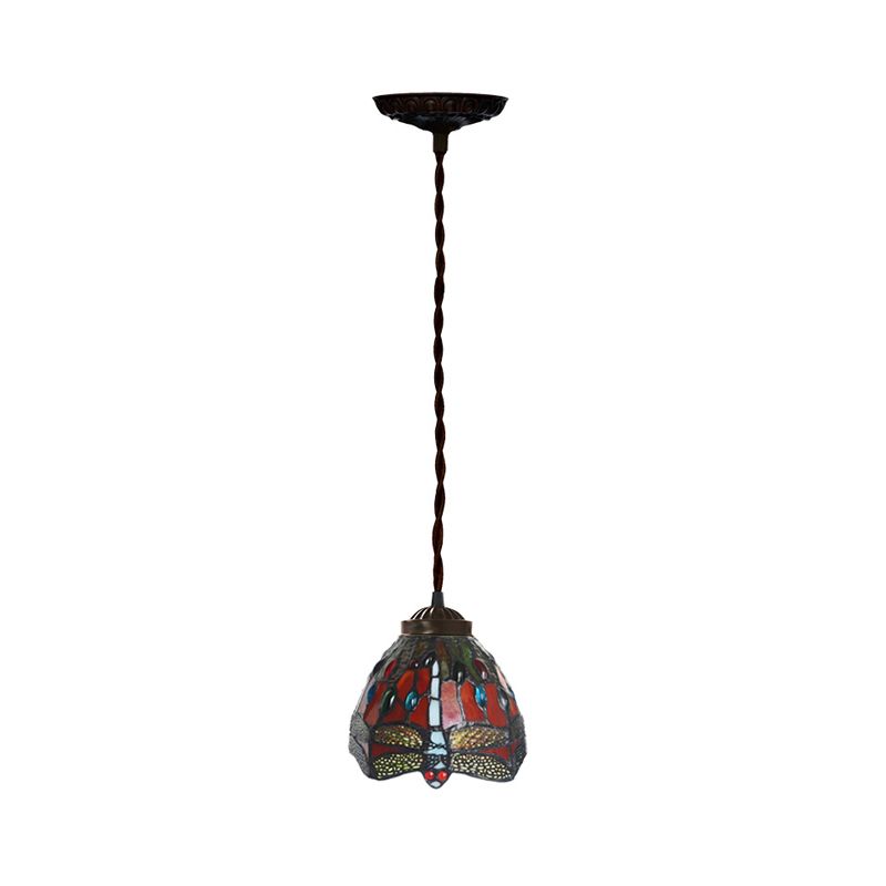 1-Bulb Dining Room Hanging Light Kit Tiffany Red Dragonfly Patterned Pendant Lamp with Dome Stained Glass Shade