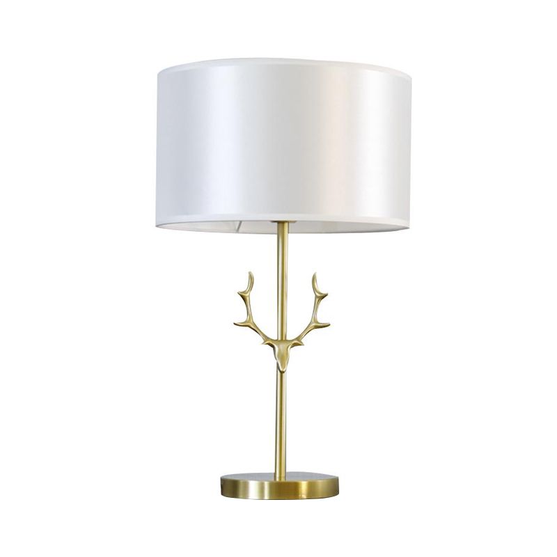 Cylindrical Fabric Desk Light Modernist 1 Bulb White Night Table Lamp with Gold Metal Elk