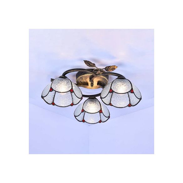 Industrial Vintage Bowl Ceiling Light Stained Glass 3 Lights Flushmount Ceiling Light in Blue/Clear for Bedroom