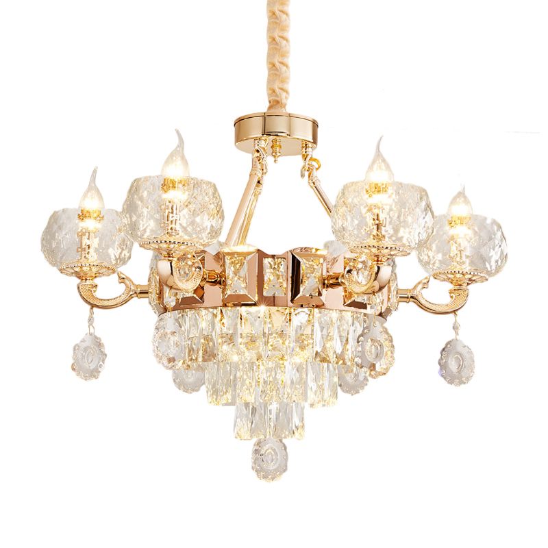 6/8 Bulbs Bowl Shade Drop Pendant Contemporary Clear Crystal Chandelier Lamp in Gold with Candle Design