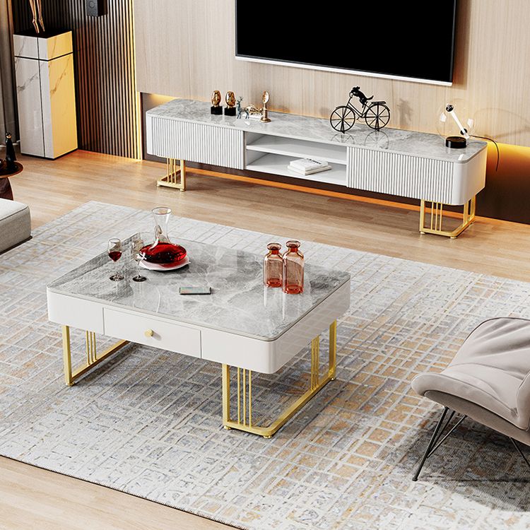 Glam Style Stone TV Stand Open Storage TV Console with 2 Drawers