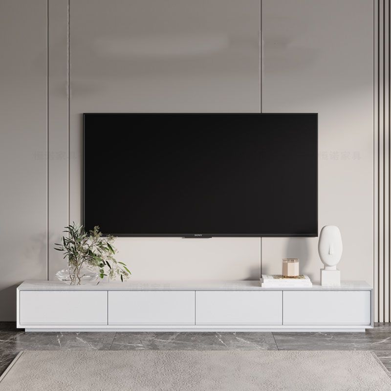 Contemporary TV Console White Wood/Stone Top TV Stand with Soft Close Drawers