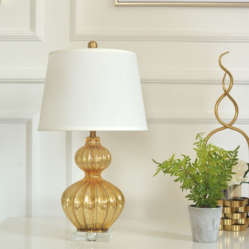 1 Light Tapered Drum Nightstand Light Classic White Finish Night Lamp with Gold Gourd Base