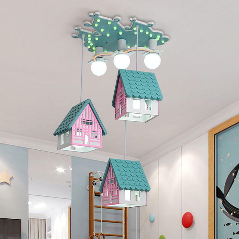 Wooden House Shaped Hanging Light Kids Style 6 Heads Multi Light Pendant for Child Room