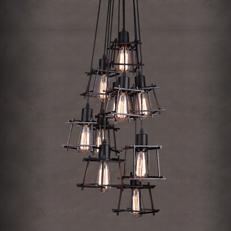 Black Cage Shade Multiple Hanging Pendant Lights Industrial Metal Multi Light Pendant Lighting for Living Room