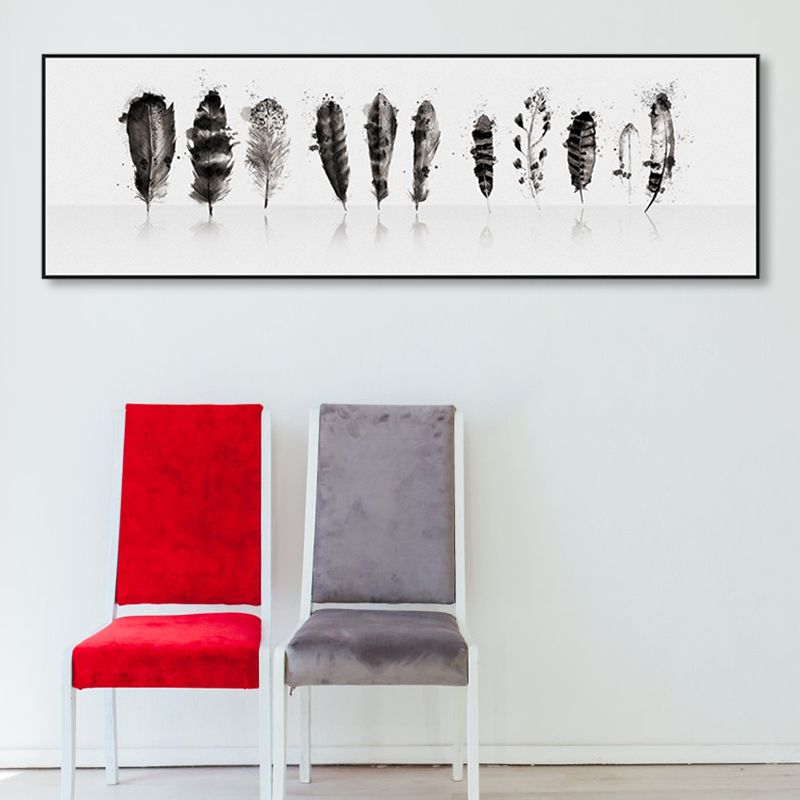 Contemporary Style Feather Pattern Wall Art Decor Black Living Room Wrapped Canvas