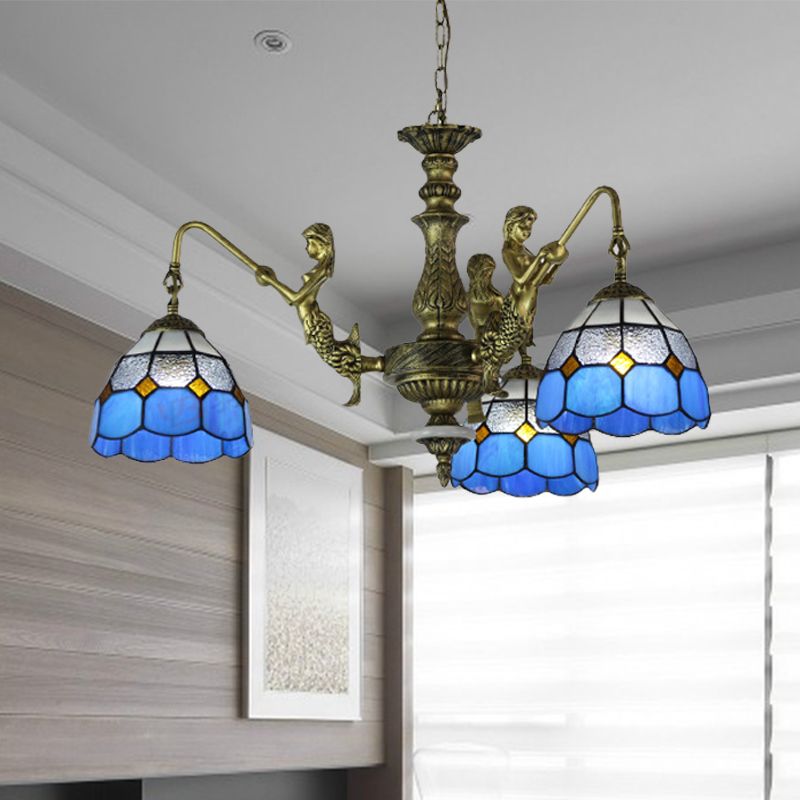 Blue Stained Glass Chandelier Lighting Fixture Grid Patterned 5/9/11 Lights Baroque Suspension Lamp