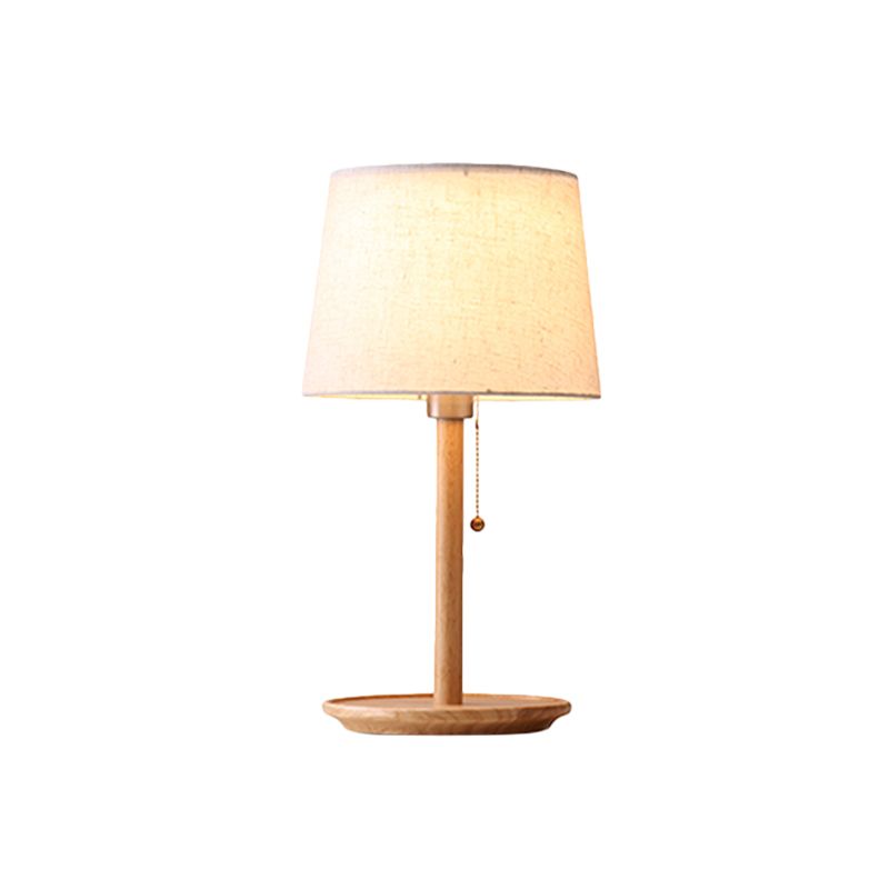 1 Head Conical Table Light Modernist Fabric Small Desk Lamp in Red Brown/Wood with Pull Chain