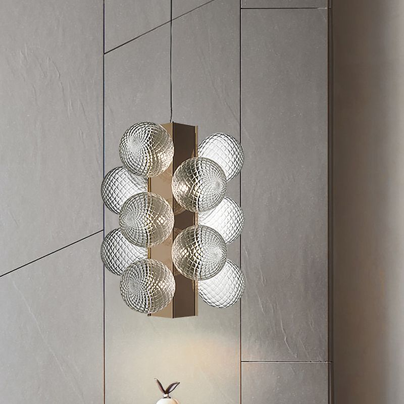 LED Bedside Pendant Modernist Brass Chandelier Light with Bubble Clear Lattice Glass Shade