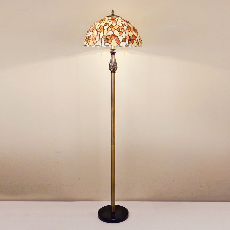 White Bowl Reading Floor Lamp Tiffany 2-Light Shell Pull Chain Standing Lighting with Blossom Pattern