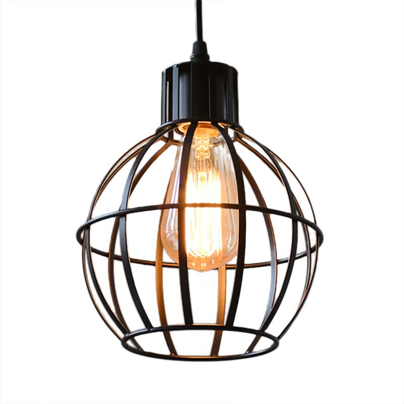 Black Finish 1 Bulb Pendant Hanging Light Industrial Metal Ball Cage Shade Ceiling Lamp for Restaurant