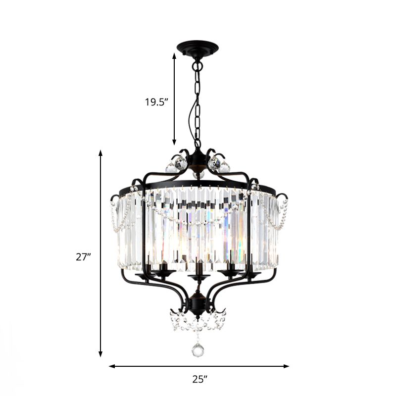 Drum Prismatic Crystal Chandelier Light Antique Black/Gold Hanging Ceiling Light for Dining Room