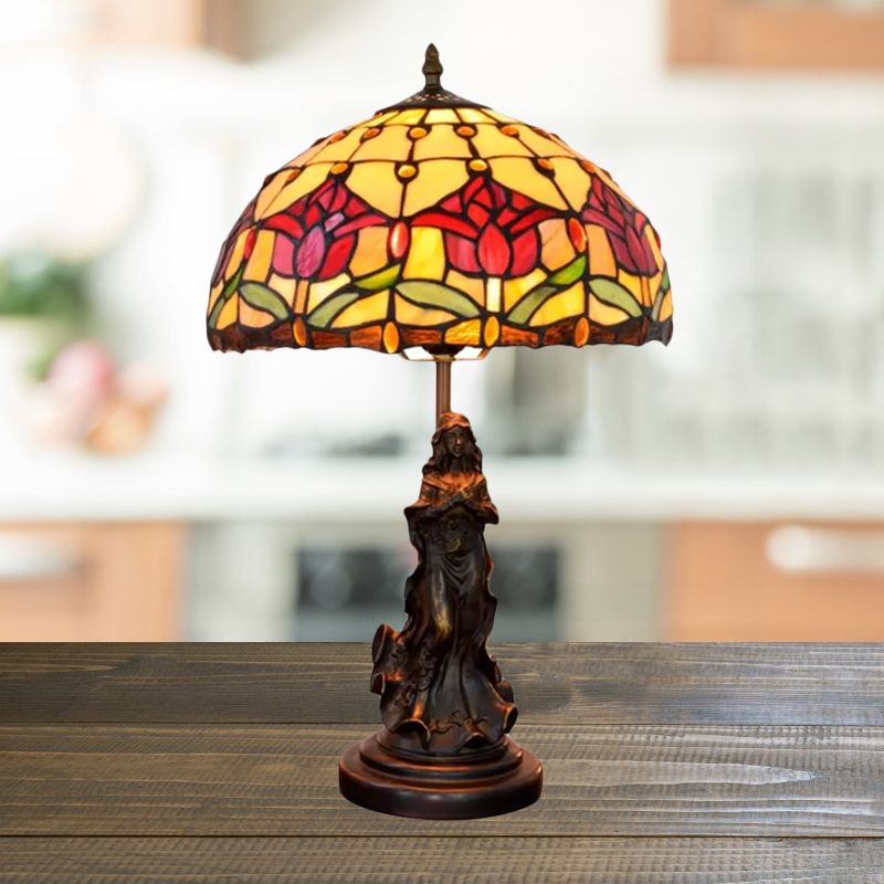 Magpie/Flower Patterned Dome Night Lamp Tiffany White/Beige Stained Glass 1 Head Bronze Table Light with Angel Pedestal