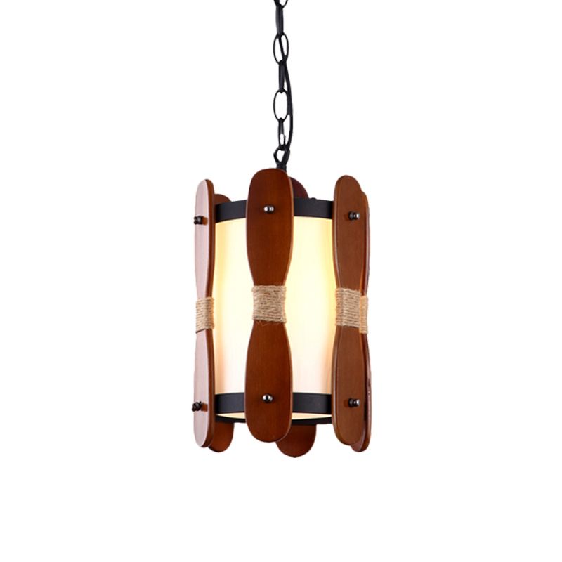 1 Light Drop Pendant Industrial Corridor Wood Ceiling Lamp with Cylinder Cream Glass Shade in Brown