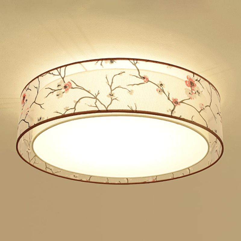 3-Light Drum Ceiling Lamp Rustic White Fabric Flush Mount Fixture with Plum Print Shade