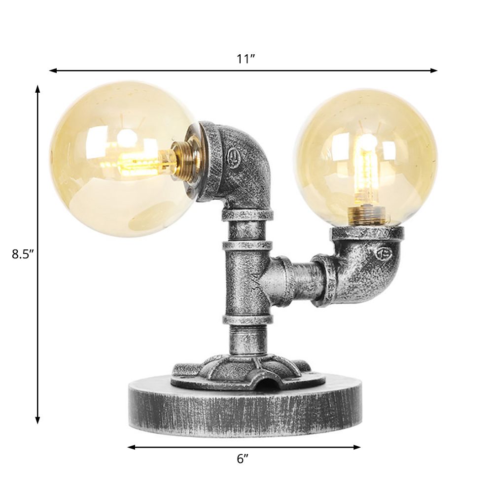 2-Light Desk Lamp Industrial Round Shade Clear/Amber Glass Table Lighting in Antique Silver