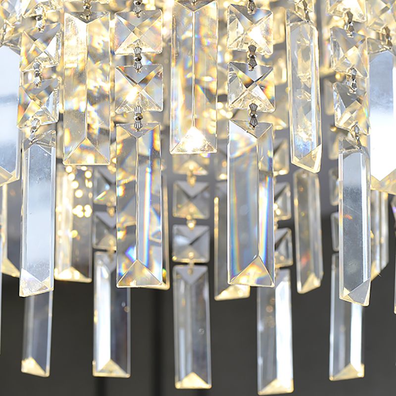 Clear Rectangular-Cut Crystal Tiered Hanging Lamp Modern 4 Lights Silver Chandelier Light