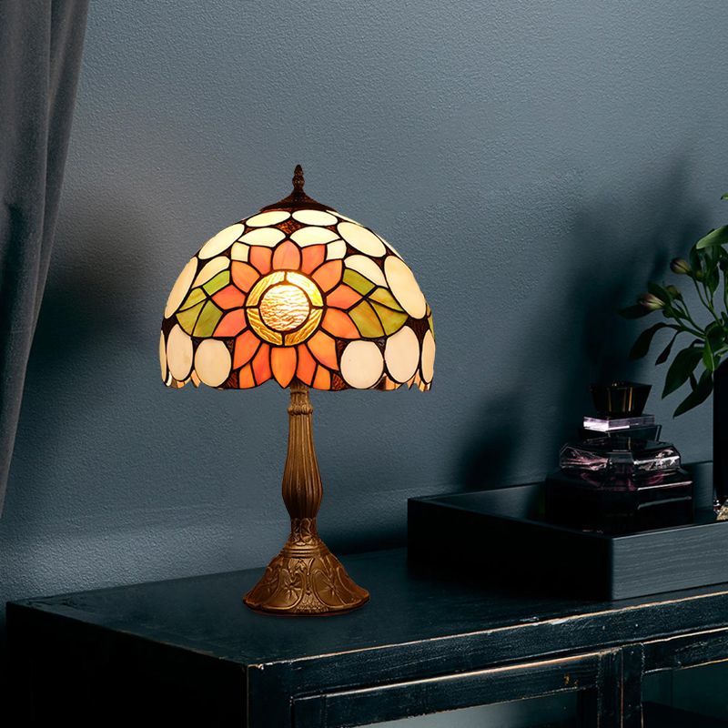 Bronze 1-Head Night Lighting Mediterranean Hand Cut Glass Domed Shade Nightstand Lamp with Sunflower Pattern