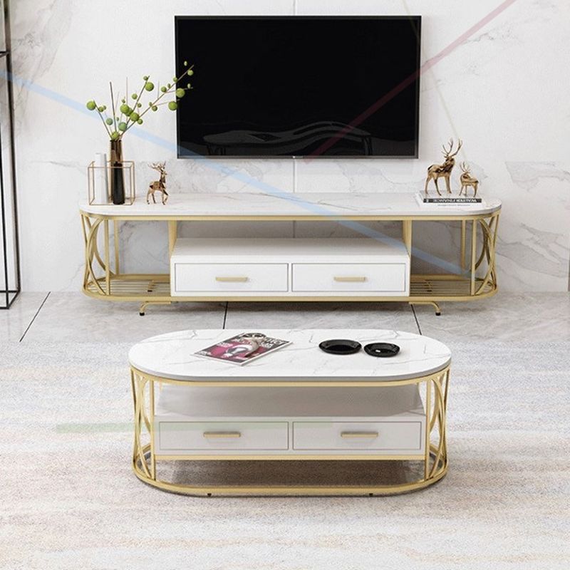 Glam Stone TV Media Stand Open Shelving TV Stand Console with Drawers