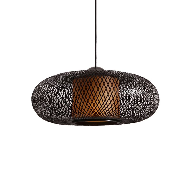 Black/Wood Cross Woven Hanging Pendant Light with Drum Shade Contemporary 1 Head Bamboo Hanging Lamp