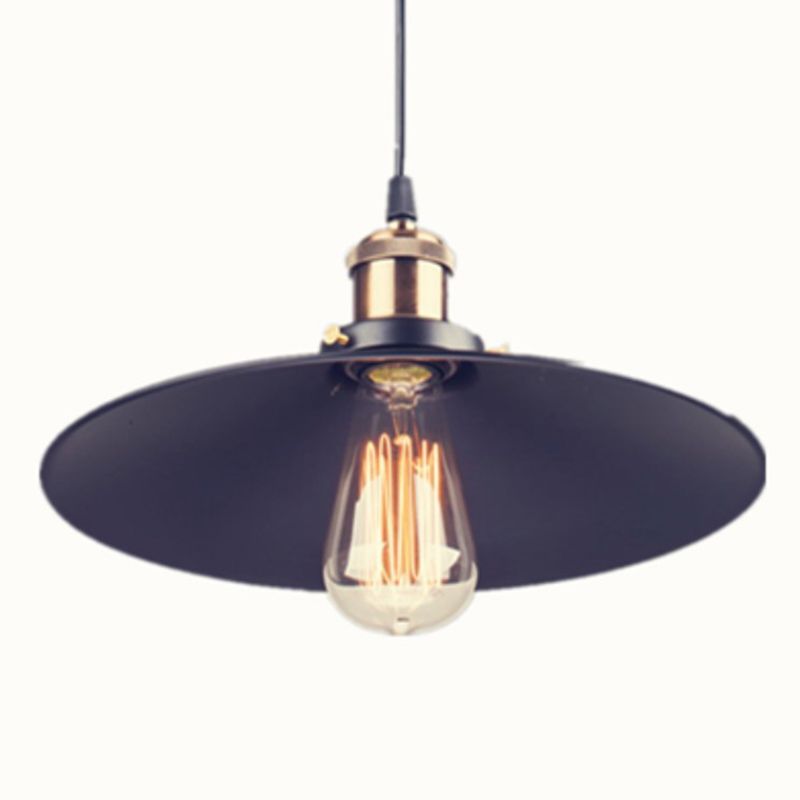 Black Saucer Shade Pendant Light Retro Metal Single Bulb Hanging Lamp for Bedroom