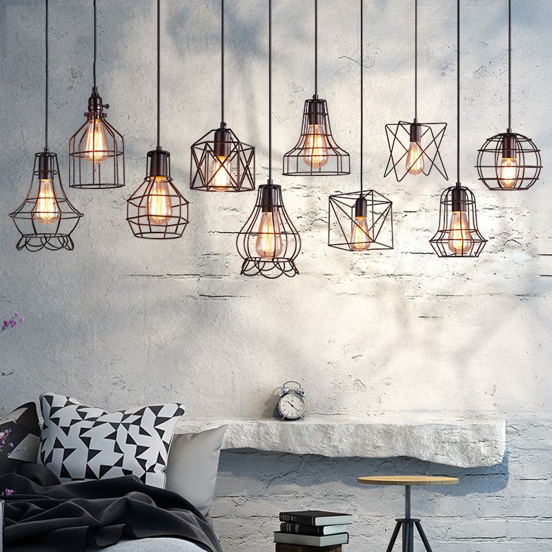 Small Cage Metal Hanging Lamp Loft Style 1 Bulb Dinner Pendant Lighting in Black