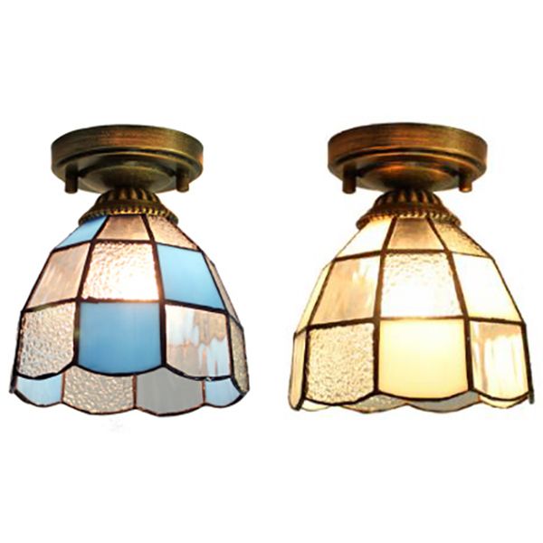 Stained Glass Dome Flush Light  with Triangle/Blue Square/Blue Leaf/Square/Blue Diamond/Diamond Parrern 1 Light Mediterranean Flushmount in Brass Finish