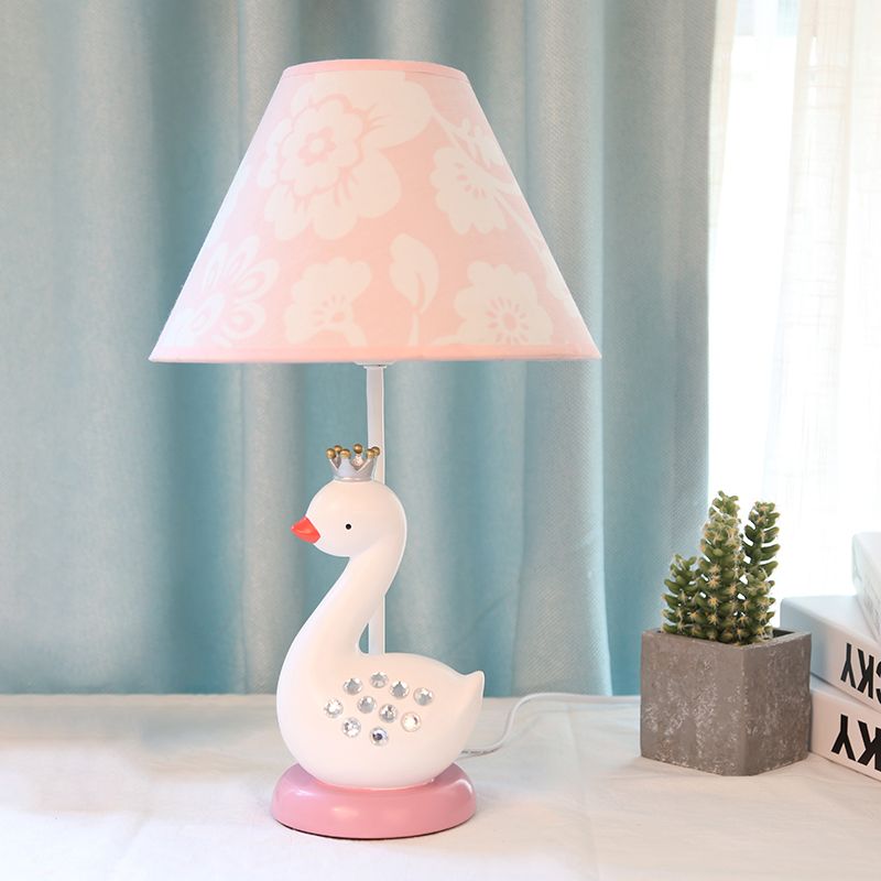 White Goose Night Light Cartoon 1 Bulb Resin Reading Lamp with Barrel Fabric Shade for Bedroom