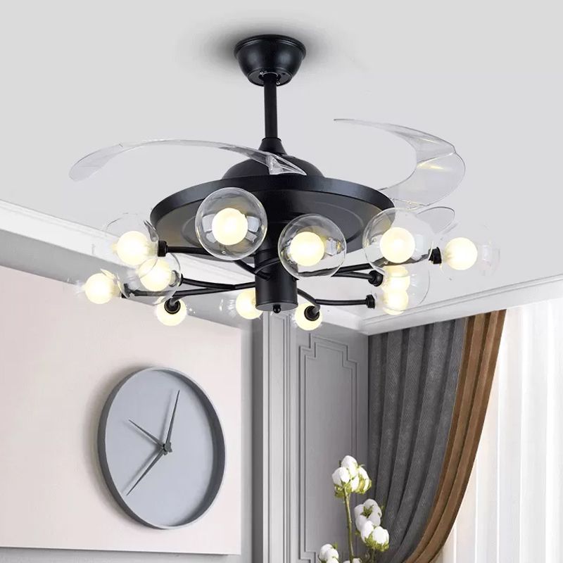 4-blade Clear Glass Orb Semi Flush Mount Modernity 42 "Wide 12 Heads Hanglang ventilatorlamp in het zwart