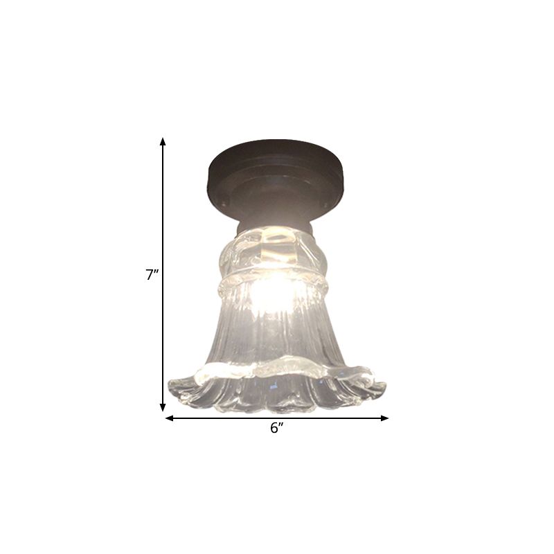 Rural Style Blossom Flush Mount Lamp 1 Head Fluted Clear Glass Ceiling Fixture in Black