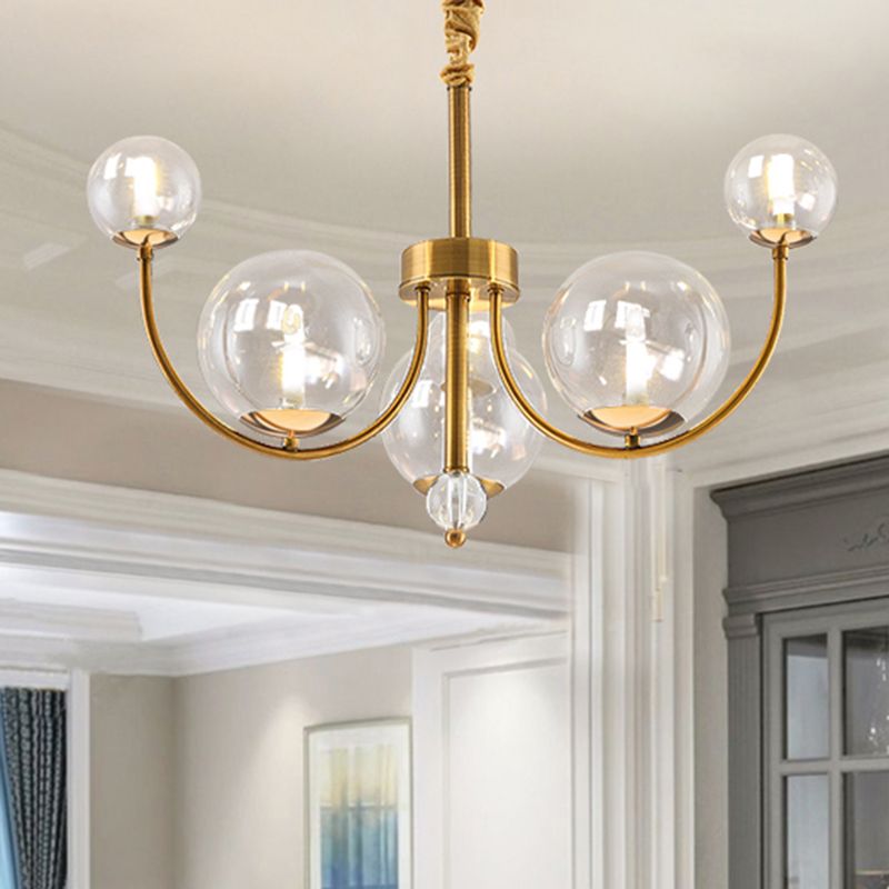 Living Room Arched Arm Chandelier with Globe Glass Shade Metal Elegant Style Gold Pendant Light