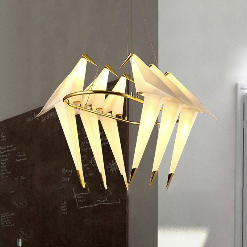 White Bird Shade Chandelier Light Fixture Modernism Style 6-Lights Plastic Hanging Lamp in Gold Finish