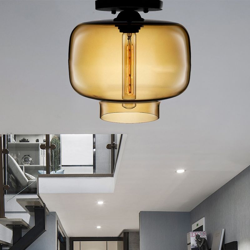 Modern Red/Sky Blue/Amber/Smoke Gray/Coffee Lantern Flushmount Light 1 Bulb Flush Mount Lamp with Glass Shade in Black